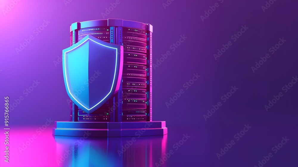 Cybersecurity concept with neon shield and server stack highlighting data protection in a futuristic digital environment. Cybersecurity concept with neon shield and server stack highlighting data protection in a futuristic digital environment.