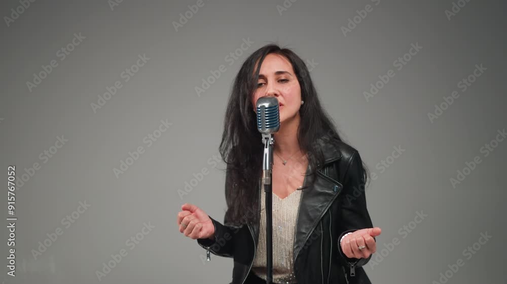 Emotional female singer in a leather jacket and sequined top performing at a vintage microphone against a white background Emotional female singer in a leather jacket and sequined top performing at a vintage microphone against a white background