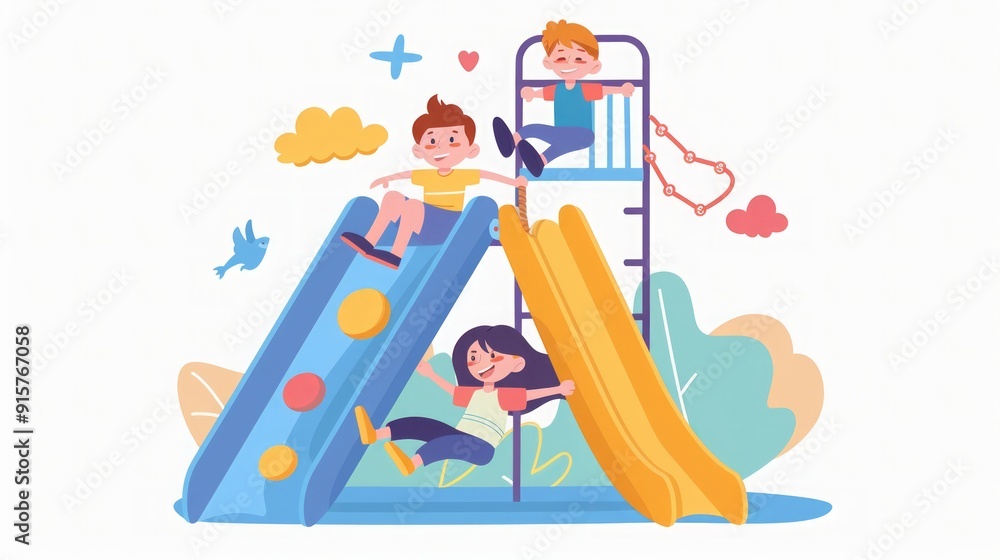 Children Playing on a Colorful Playground Slide Children Playing on a Colorful Playground Slide