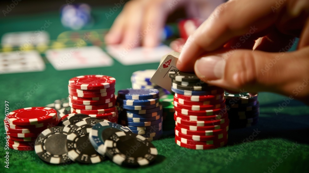 A close-up of poker chips and a playing card, indicating a gambling or gaming scenario. A close-up of poker chips and a playing card, indicating a gambling or gaming scenario.