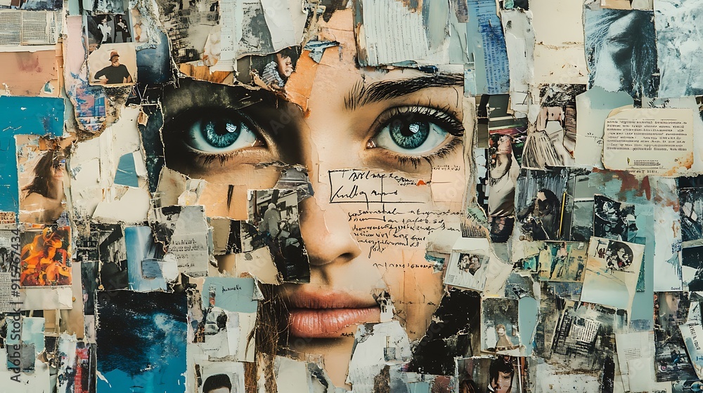 A Collage of Torn Papers Featuring a Woman's Eyes and Lips A Collage of Torn Papers Featuring a Woman's Eyes and Lips