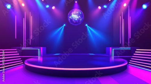 Disco Ball Stage with Neon Lights and Platforms