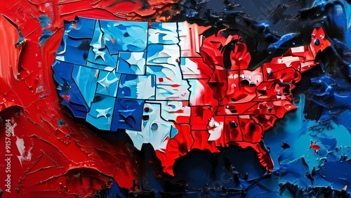 Abstract Oil Painting Depicting US Elections Stars and Stripes Explosive Country Outline Red and Blue State Division