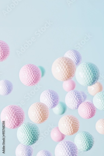 Multicoloured golf balls on a light blue background
