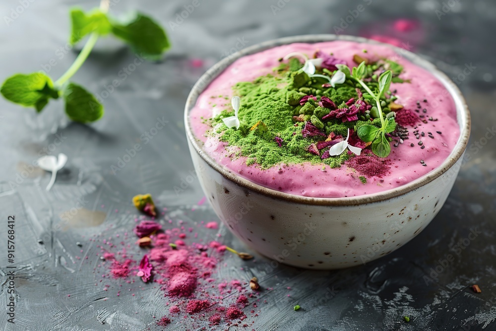Bright pink matcha bowl on dark surface