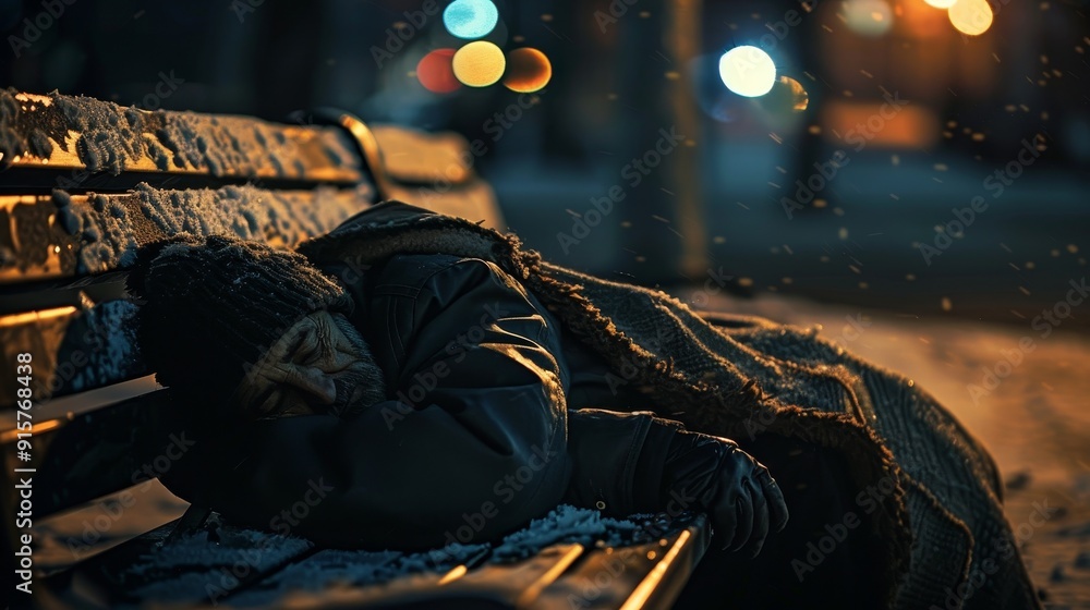 A man is sleeping on a bench in the snow. The scene is dark and cold, with the man wrapped in a blanket. Scene is somber and lonely, as the man is alone A man is sleeping on a bench in the snow. The scene is dark and cold, with the man wrapped in a blanket. Scene is somber and lonely, as the man is alone