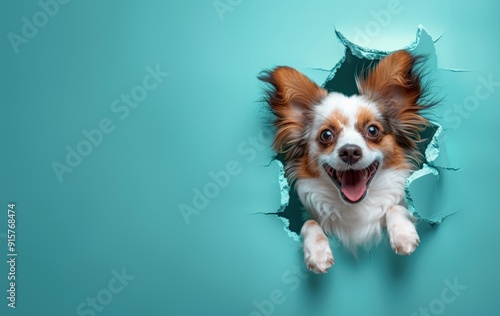 A dog peering through a hole in a blue background with space for your text