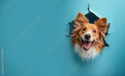A dog peering through a hole in a blue background with space for your text