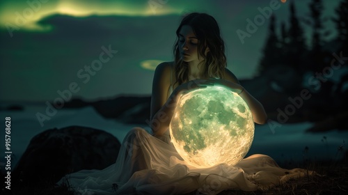 A girl in a light dress sitting on the seashore against the background of northern lights holding the moon in her hands