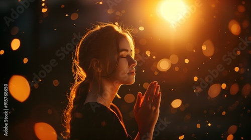 A girl putting her hands together and praying to a bright light