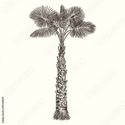 Palm tree hand drawn. Vintage palm tree drawing. Detailed palm tree illustration