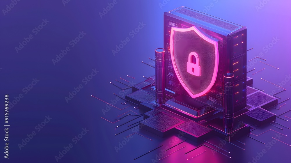 Digital security concept with a 3D shield and lock on server background ...