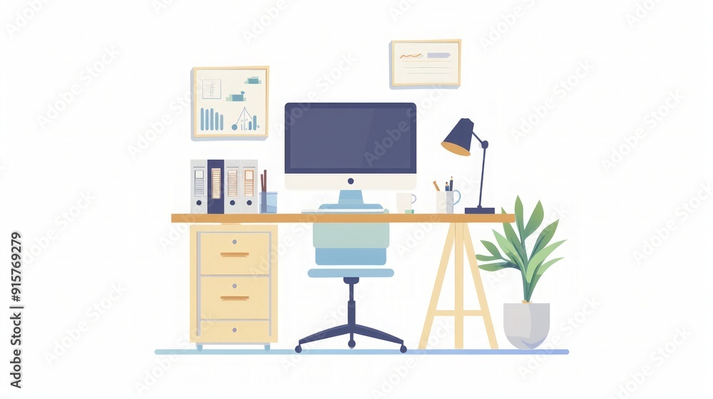 Modern Office Desk Setup with Computer, Plant, and Lamp Modern Office Desk Setup with Computer, Plant, and Lamp
