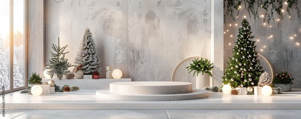 Minimalist Christmas decor with festive trees and fairy lights in a modern room Minimalist Christmas decor with festive trees and fairy lights in a modern room