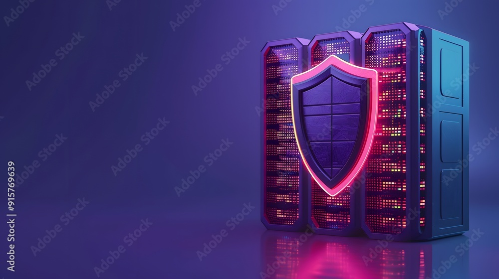 Digital security concept with a shield protecting a server room against cyber threats. Blue and purple background. Digital security concept with a shield protecting a server room against cyber threats. Blue and purple background.