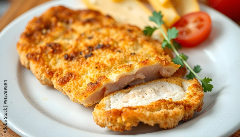 German schnitzel cutlet with a focus on the golden-brown breading and the juicy meat German schnitzel cutlet with a focus on the golden-brown breading and the juicy meat