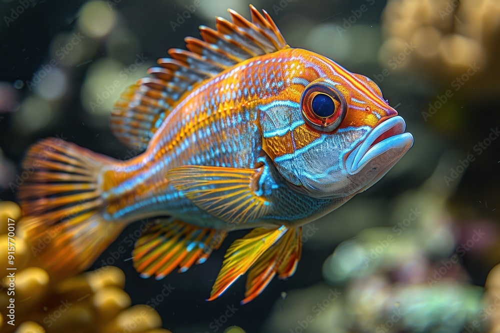 Fototapeta premium A close-up view of a brightly colored fish swimming in a tank, with its fins spread wide
