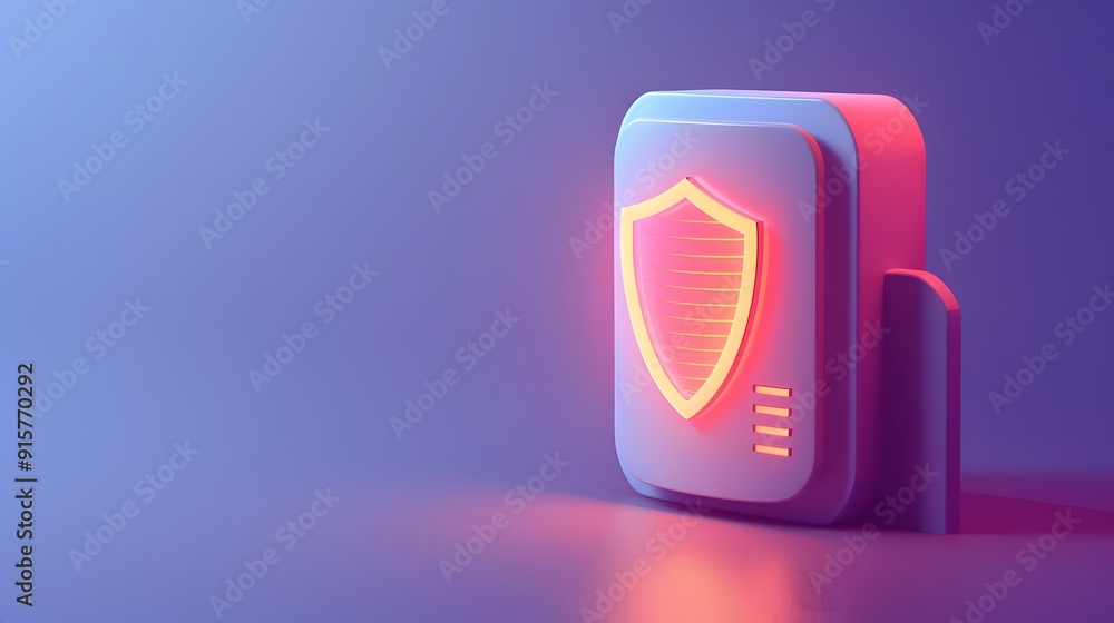 Digital security with shield icon on modern device, purple and red lighting. Concept of cybersecurity and data protection. Digital security with shield icon on modern device, purple and red lighting. Concept of cybersecurity and data protection.