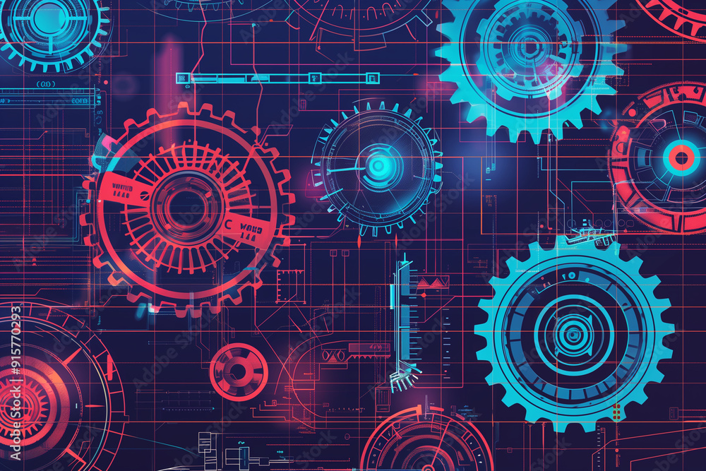 Abstract Digital Art with Red and Blue Gears Abstract Digital Art with Red and Blue Gears