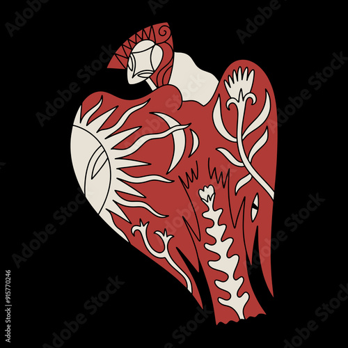 Whimsical alkonost syrin folk slavic mythology bird woman character. Fairytale vector illustration, hand-drawn magic boho esoteric fairy book illustration clipart art