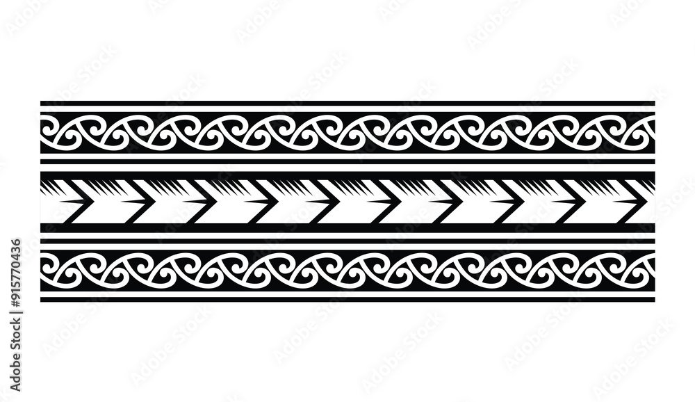 Polynesian tattoo design tribal border. Tribal design ethnic ornament maori band. Samoan Tattoo ribbon sleeve bracelet. Fabric seamless isolated hawaiian armband pattern on white background. Polynesian tattoo design tribal border. Tribal design ethnic ornament maori band. Samoan Tattoo ribbon sleeve bracelet. Fabric seamless isolated hawaiian armband pattern on white background.