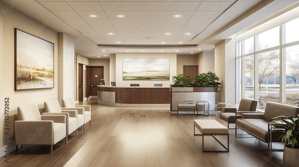 Modern Reception Area with Wooden Flooring and Comfortable Seating Modern Reception Area with Wooden Flooring and Comfortable Seating
