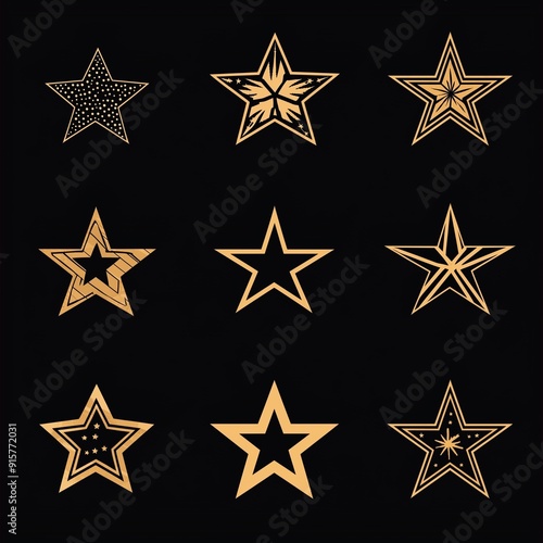 Collection golden star designs with intricate patterns on a black background