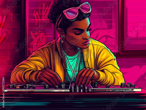 Retro DJ in Neon Lights and Flashy Colors