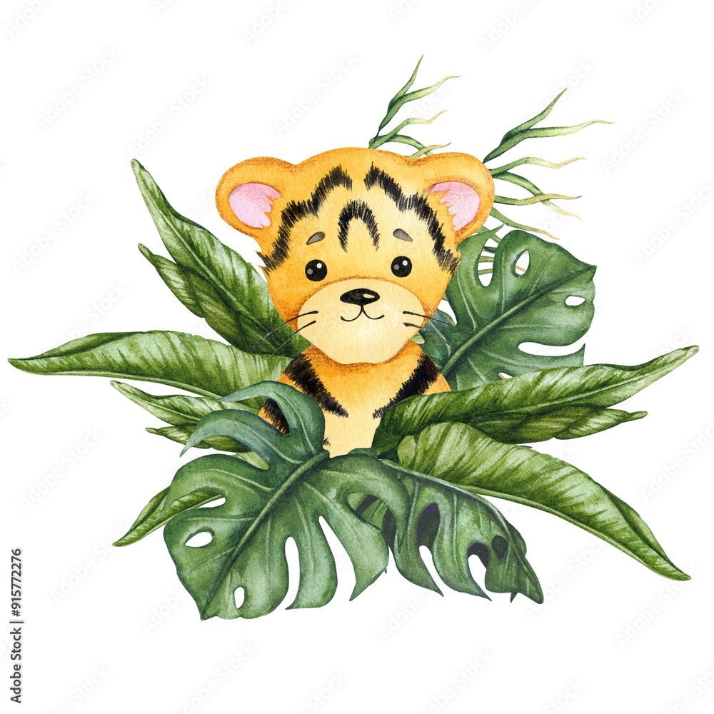 Cute baby tiger in a bouquet of tropical leaves. Watercolor composition for birthday, gender party, baby shower, children's party. Illustration for postcard, poster, invitation, greeting card.
Cute baby tiger in a bouquet of tropical leaves. Watercolor composition for birthday, gender party, baby shower, children's party. Illustration for postcard, poster, invitation, greeting card.