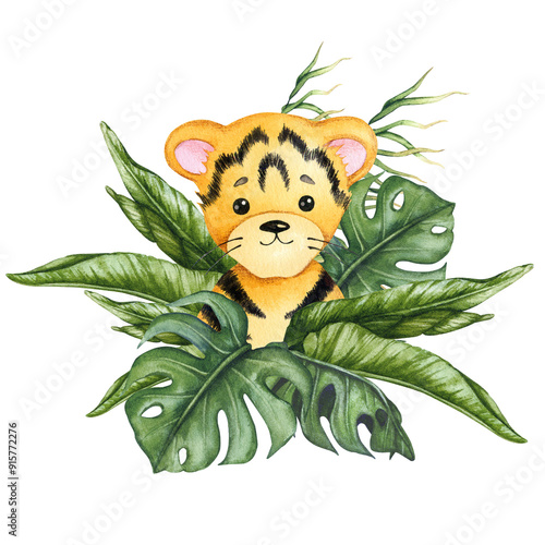 Cute baby tiger in a bouquet of tropical leaves. Watercolor composition for birthday, gender party, baby shower, children's party. Illustration for postcard, poster, invitation, greeting card.
