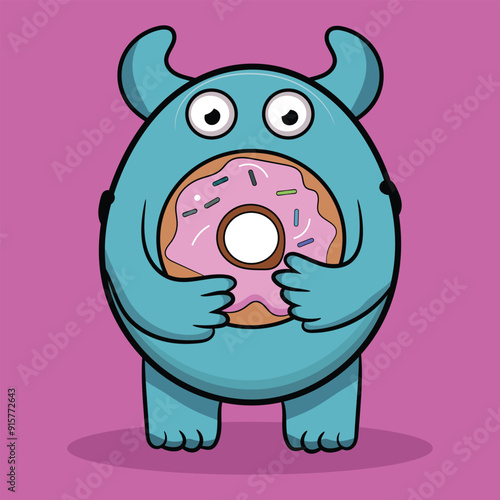 Hand-drawn Monster With Donut Cartoon Vector Icon Illustration 