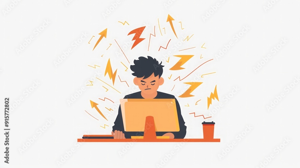Overwhelmed Man Illustration: Stress, Anxiety & Work Pressure Overwhelmed Man Illustration: Stress, Anxiety & Work Pressure