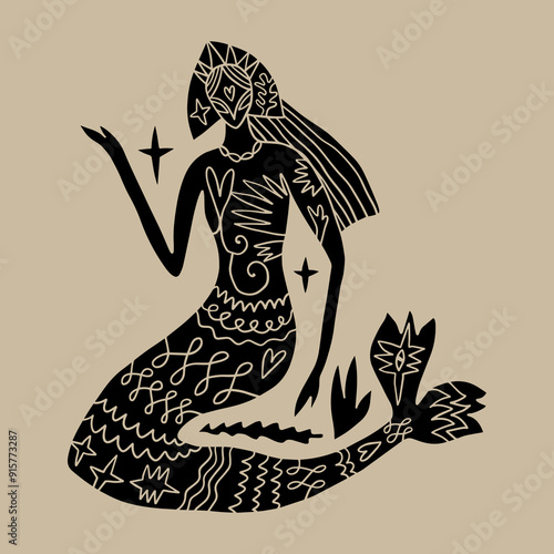 Cartoon linocut vintage ethnic mermaid princess, boho character mascot groovy whimsical flat art. Doodle stellar celestial details. Hand-drawn mystical bohemian composition. Mythology totem concept