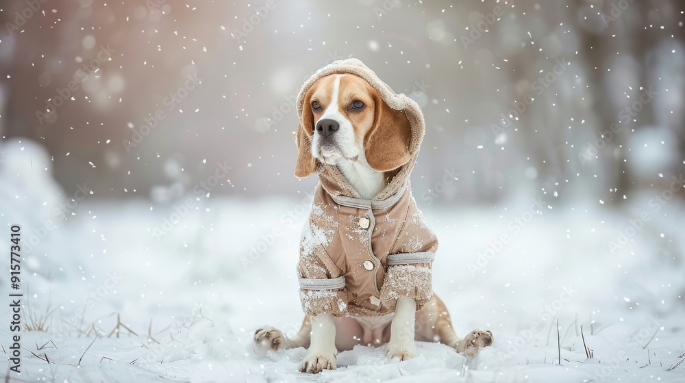 A dog is wearing a brown coat and standing in the snow. The dog appears to be enjoying the cold weather and the snow A dog is wearing a brown coat and standing in the snow. The dog appears to be enjoying the cold weather and the snow