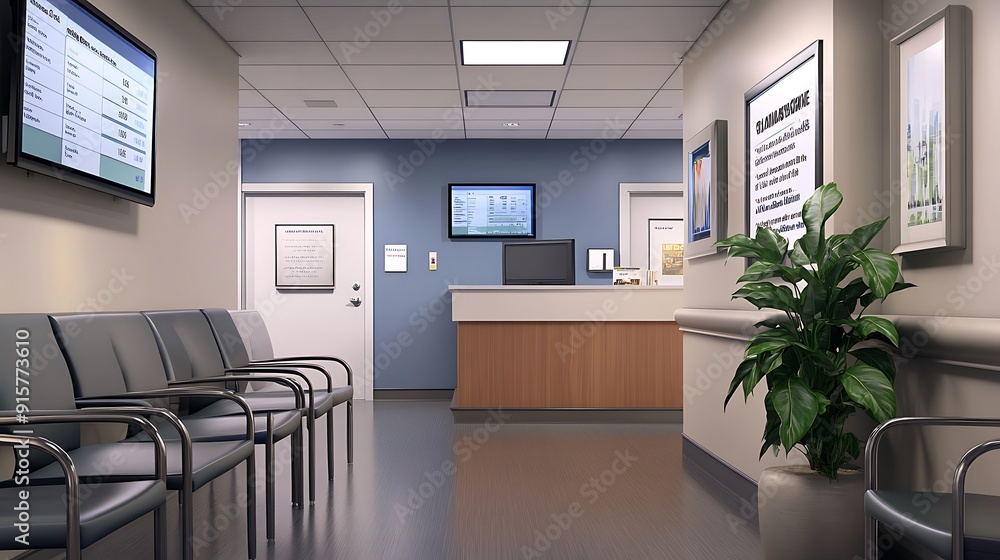 Hospital Waiting Area with Reception Desk and Seating Hospital Waiting Area with Reception Desk and Seating