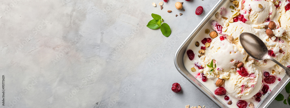 Vanilla ice cream with berries and nuts in metal tray. Homemade dessert and summer treat concept. Image for ice cream parlor menu and recipe blog. Vanilla ice cream with berries and nuts in metal tray. Homemade dessert and summer treat concept. Image for ice cream parlor menu and recipe blog.