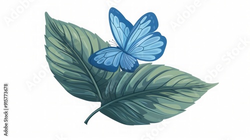 Blue Butterfly on Green Leaves: Nature Illustration