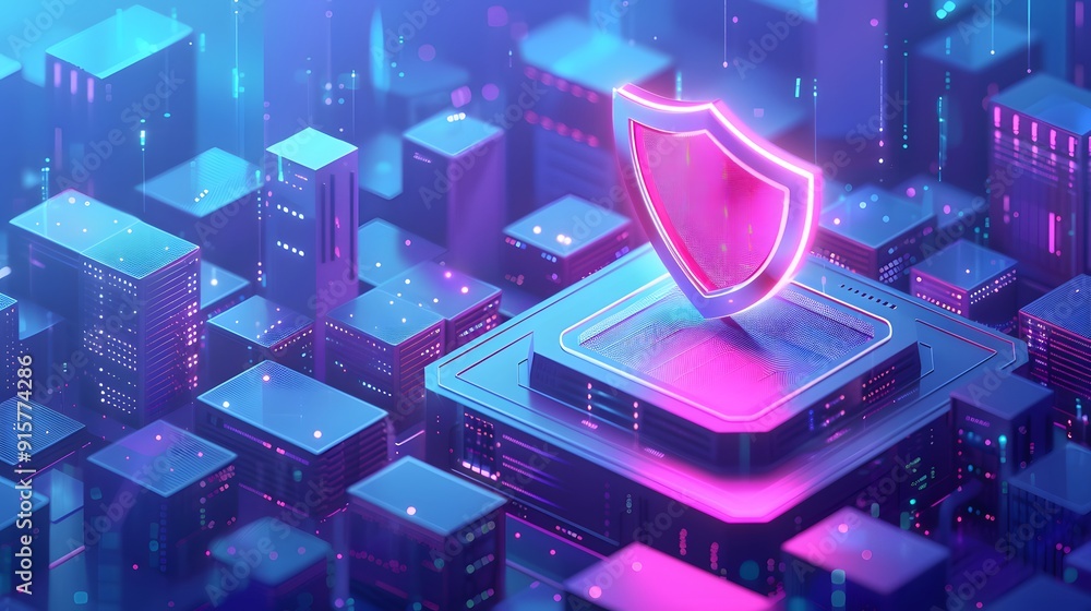Futuristic digital cityscape with a glowing shield symbolizing cybersecurity and data protection in a virtual environment. Futuristic digital cityscape with a glowing shield symbolizing cybersecurity and data protection in a virtual environment.