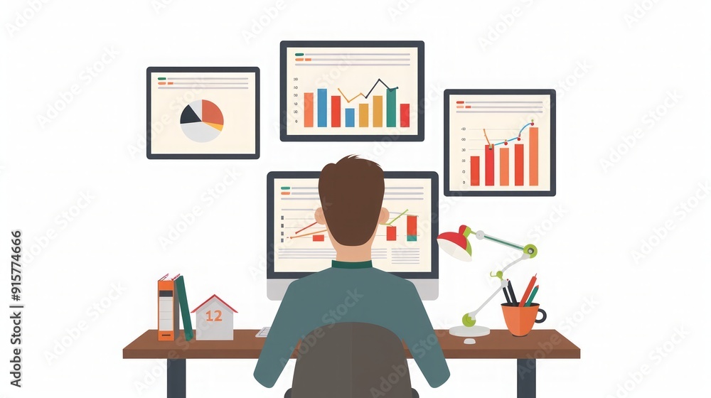 Businessman Analyzing Charts and Graphs at Desk Businessman Analyzing Charts and Graphs at Desk