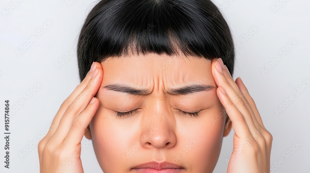 A macro shot of a person rubbing their temples with closed eyes, capturing the throbbing ache of stress-induced headache A macro shot of a person rubbing their temples with closed eyes, capturing the throbbing ache of stress-induced headache