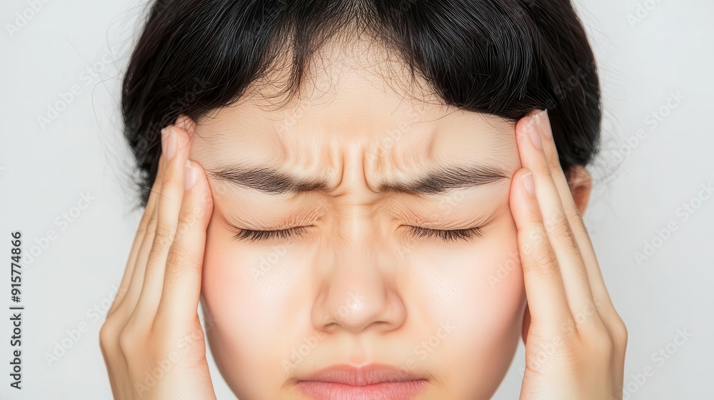 Fototapeta premium A macro shot of a person rubbing their temples with closed eyes, capturing the throbbing ache of stress-induced headache