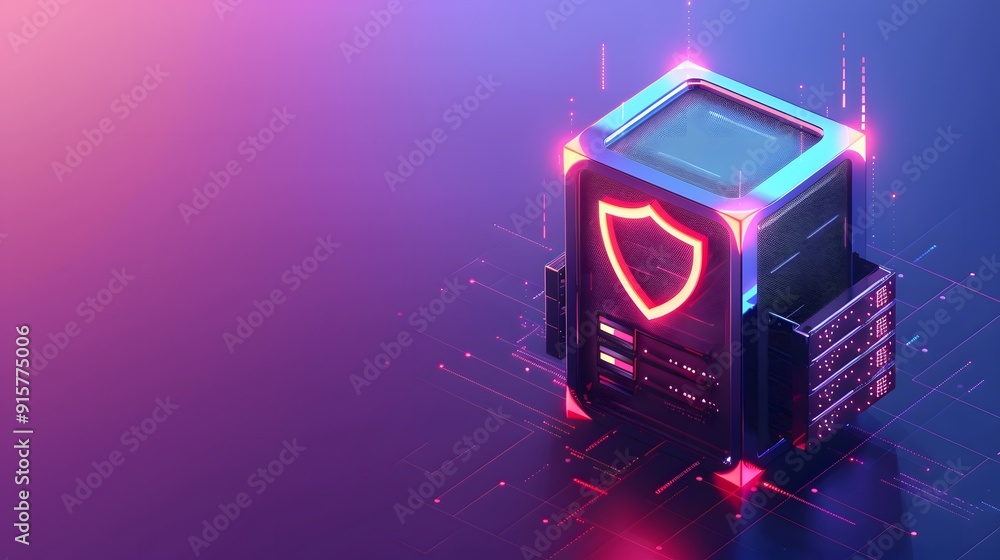 Futuristic digital security concept with neon shield icon on computer server, representing advanced cybersecurity protection. Futuristic digital security concept with neon shield icon on computer server, representing advanced cybersecurity protection.