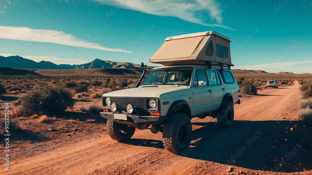 Obraz premium Off-road vehicle parked along dusty trail under clear blue sky. Off road camping