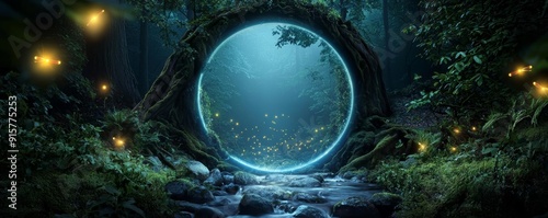 Wallpaper Mural A magical forest clearing with a bubbling stream, glowing fireflies, and a mysterious portal Torontodigital.ca