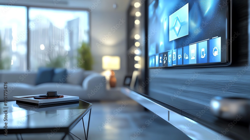 custom made wallpaper toronto digitalA modern living room showcasing a sleek TV with a vibrant smart interface, perfect for contemporary home decor.