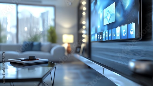 Wallpaper Mural A modern living room showcasing a sleek TV with a vibrant smart interface, perfect for contemporary home decor. Torontodigital.ca