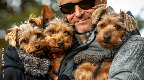 A man is holding three small dogs, one of which is wearing a scarf photo