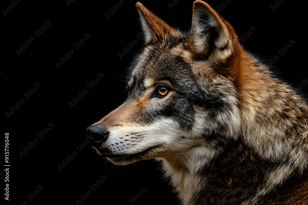 Fototapeta premium Portrait of adult wolf on black background