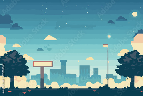 Pixel cityscape with trees and streetlamp at dusk.