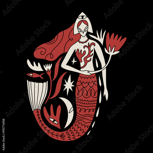 Cartoon linocut vintage ethnic redhead mermaid princess, boho character red hair girl mascot groovy whimsical flat art. Doodle stellar celestial details. Hand-drawn mystical bohemian composition